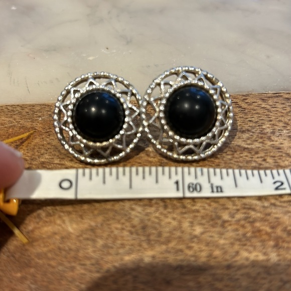Vintage earrings, silver filigree and black, converted to post from clip-on. - Picture 2 of 3